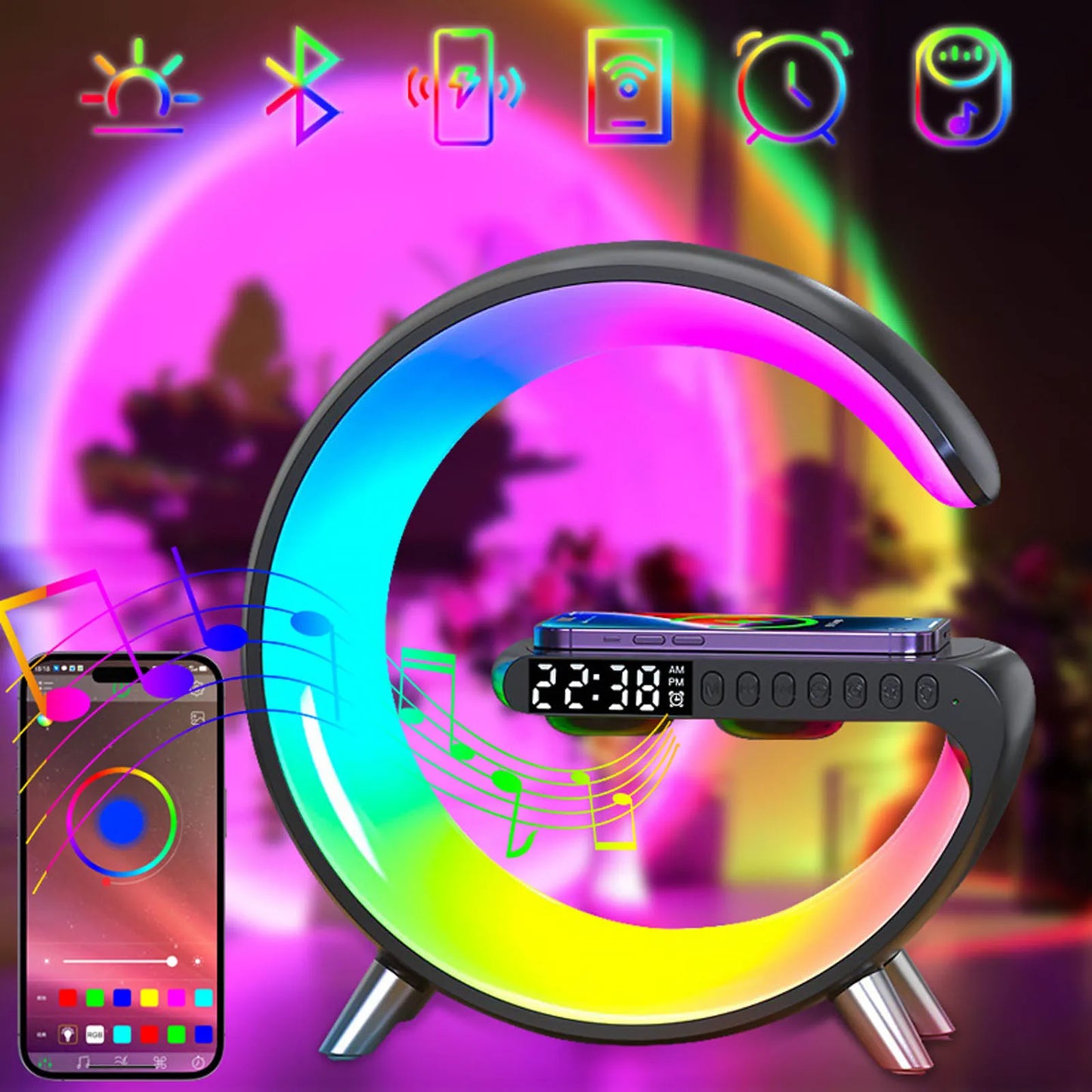 Big G's RGB Musiklampe/Radiowecker mit Bluetooth & Wireless Ladestation