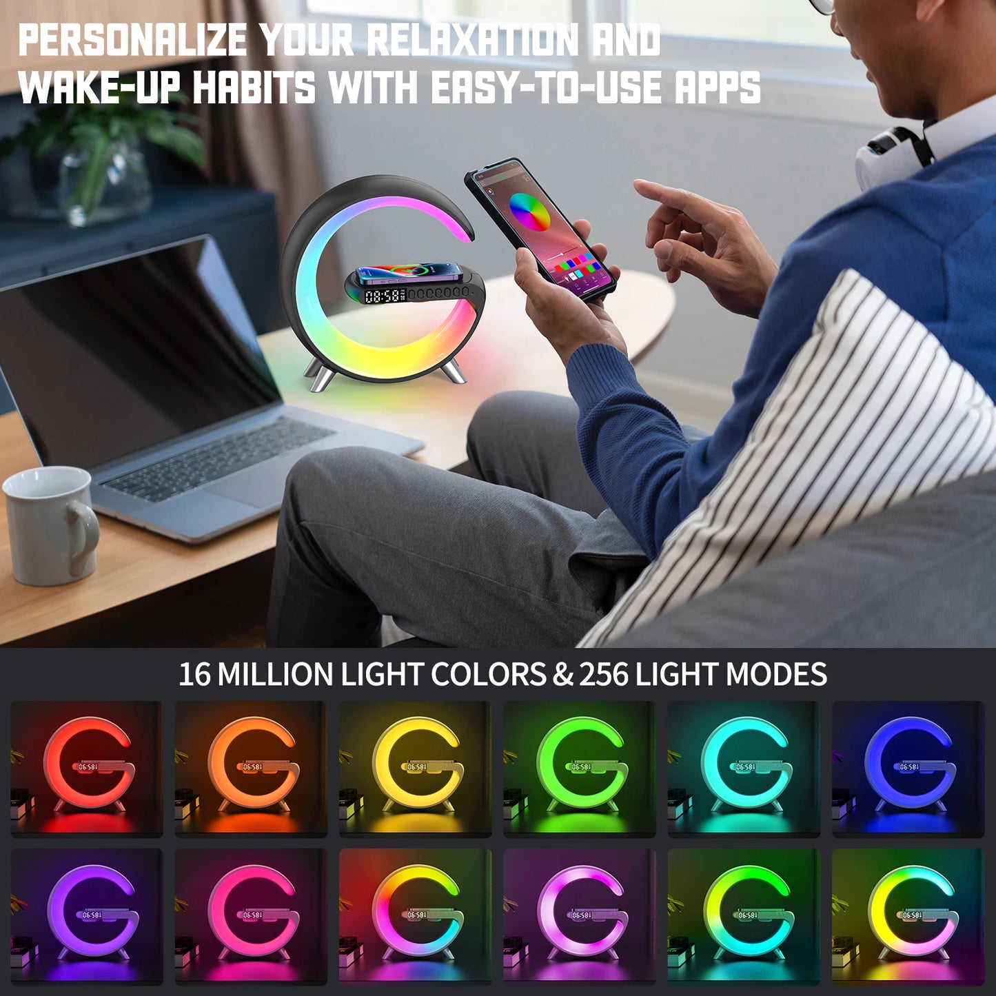 Big G's RGB Musiklampe/Radiowecker mit Bluetooth & Wireless Ladestation
